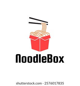 Chinese noodles in paper box and chopsticks logo design.