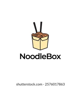 Chinese noodles in paper box and chopsticks logo design.