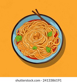 Fideos chinos en un plato con palillos. Fideos cocinados con ensalada verde, vista superior. Ilustración en estilo de dibujos animados adecuado para un menú de café.Ilustración vectorial.