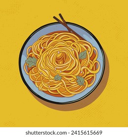 Fideos chinos en un plato con palillos. Fideos cocinados con ensalada verde, vista superior. Ilustración en estilo de dibujos animados adecuado para un menú de café.Ilustración vectorial.