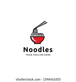 Chinese noodles in red bowl chopsticks linear logo design.