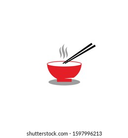 Chinese noodles in red bowl chopsticks linear logo design.	