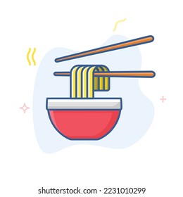 Chinese noodles in red bowl with chopsticks linear vector icon. Ramen noodle soup vector line illustration. 