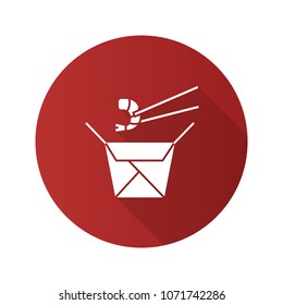 Chinese noodles with seafood in paper box flat design long shadow glyph icon. Wok noodles with shrimps. Vector silhouette illustration