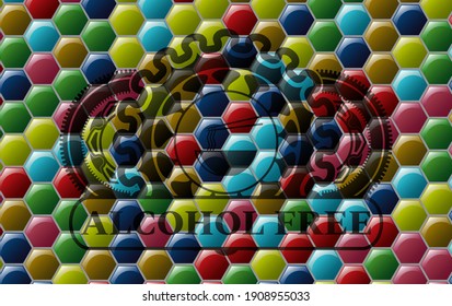 chinese noodles soup icon and Alcohol Free text Colorful candy multicolored badge. Hexagon luxurious background. Vector illustration. 