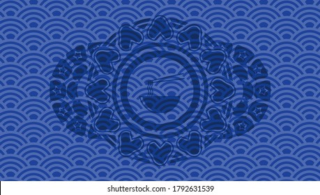 chinese noodles soup icon inside blue japan realistic badge. Geometric handsome background. Vector illustration. 