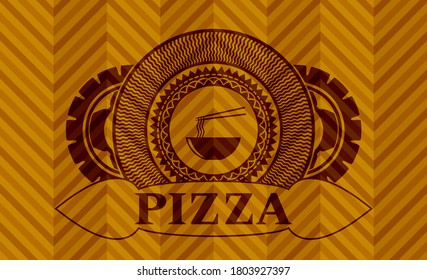 chinese noodles soup icon and pizza text orange realistic badge. Geometric delicate background. Artistic illustration. 