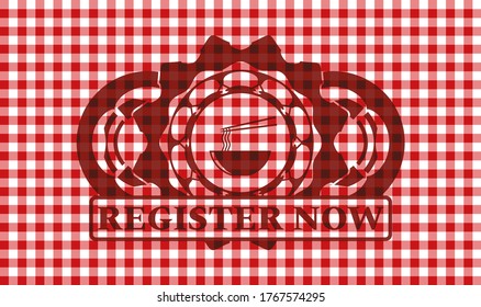 chinese noodles soup icon and Register now text red checkered tablecloth emblem. Restaurant classic background. Intense illustration. 