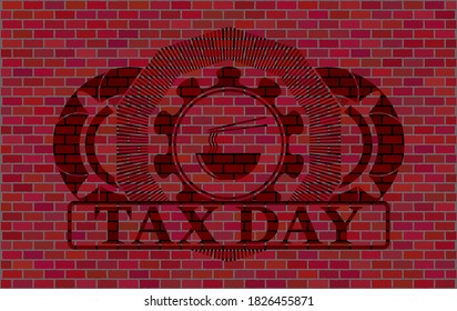chinese noodles soup icon and tax day text red brick stone wall realistic badge. Tiles graceful background. Vector illustration. 