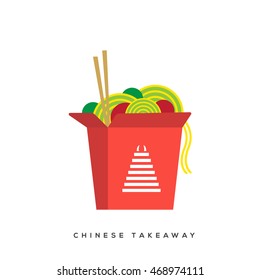 Chinese Noodles Takeaway Box Concept. Chinese Takeout Box With Chopsticks