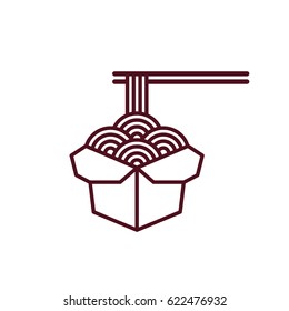 Chinese noodles in takeout box with chopsticks. Asian fast food illustration. Simple modern vector line icon.