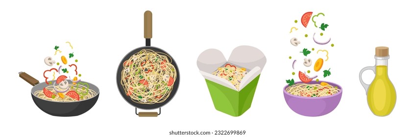 Chinese Noodles with Vegetables in Frying Pan and Cardboard Box Vector Set