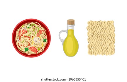 Chinese Noodles with Vegetables Rested in Bowl and Dry Pasta Vector Set