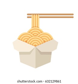 Chinese noodles in white paper box, Asian fast food illustration. Simple cartoon vector icon.