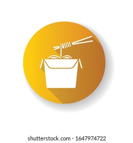Chinese noodles yellowflat design long shadow glyph icon. Wok cafe food cardboard box with chopsticks. Japanese spaghetti takeout. Take away meal paper package. Silhouette RGB color illustration