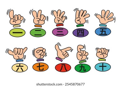 Chinese number gestures with hands vector illustration in doodle style. Designation of numbers with hands, gestures. Counting to ten, hieroglyphs