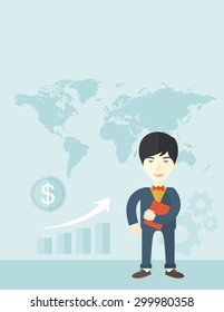 A chinese office clerk standing holding a book under his arm. A Contemporary style with pastel palette, soft blue tinted background. Vector flat design illustration. Vertical layout with text space on