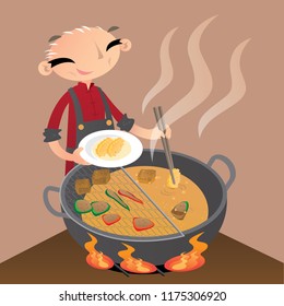 A Chinese old man preparing some street snacks by deep-frying them in a big wok