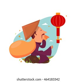 Chinese old man sitting in the stone and holding Chinese lanterns circular and cylindrical shape. Chinese Traveler concept.