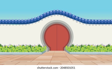 Chinese old red circle door. Gate to a Chinese garden or temple