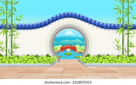 Chinese old red circle door overlooking the garden. Beautiful nature, red bridge, lake with water lilies. Gate to a Chinese garden or temple