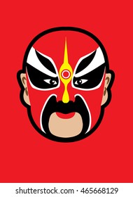 Chinese opera mask on bright red Background