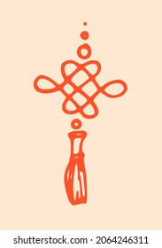 Chinese orange amulet for good luck. vector pattern of an amulet with a brush, isolated red outline, located on an orange background for a design template
