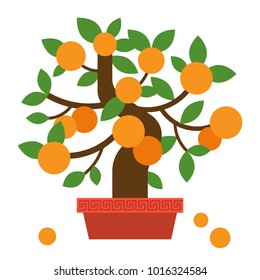 Chinese Orange Bonsai Tree, Flat Design For Lunar New Year