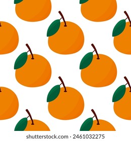 Chinese orange mandarin with green leaf. Seamless pattern. Whole fruit with peel. Delicious healthy and snack. Self production eco bio. Ingredients for food and drinks. background print ornament