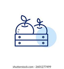 Chinese oranges in wooden crate. Organic fruits and vegetables, farmer market farm to table green food. Pixel perfect, editable stroke vector icon