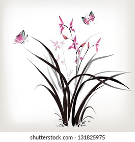 Chinese Orchid and butterfly ink style