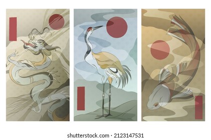 Chinese Oriental Art, Crane, Dragon And Koi Carp