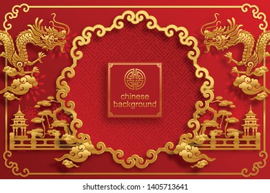 Chinese oriental background and asian elements with gold patterned template on red paper color for greetings card,invitation,posters,banners,calendar