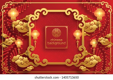 Chinese oriental background and asian elements with gold patterned template on red paper color for greetings card,invitation,posters,banners,calendar