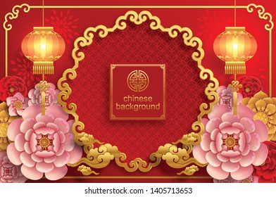 Chinese oriental background and  asian elements with gold patterned template on red paper color for greetings card,invitation,posters,banners,calendar 