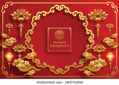 Chinese oriental background and asian elements with gold patterned template on red paper color for greetings card,invitation,posters,banners,calendar