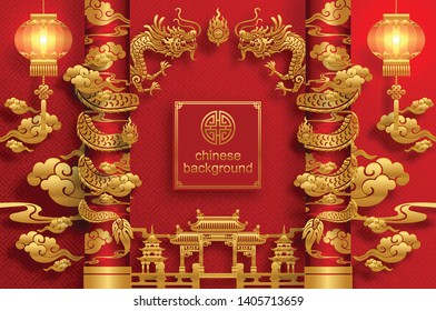 Chinese oriental background and  asian elements with gold patterned template on red paper color for greetings card,invitation,posters,banners,calendar 