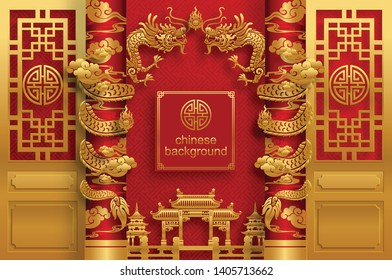 Chinese oriental background and  asian elements with gold patterned template on red paper color for greetings card,invitation,posters,banners,calendar 