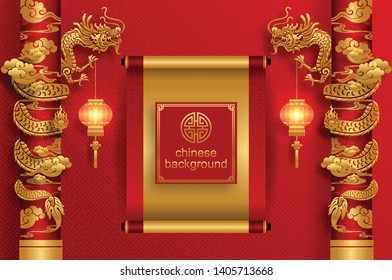 Chinese oriental background and  asian elements with gold patterned template on red paper color for greetings card,invitation,posters,banners,calendar 