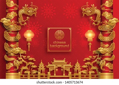 Chinese oriental background and  asian elements with gold patterned template on red paper color for greetings card,invitation,posters,banners,calendar 