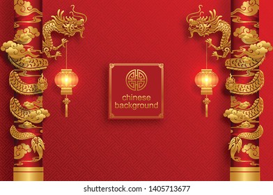 Chinese oriental background and asian elements with gold patterned template on red paper color for greetings card,invitation,posters,banners,calendar