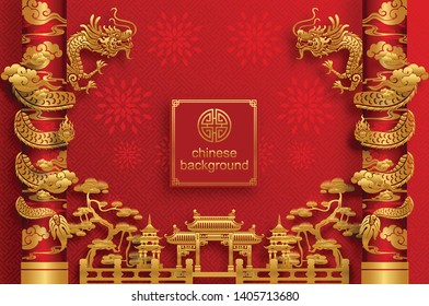 Chinese oriental background and  asian elements with gold patterned template on red paper color for greetings card,invitation,posters,banners,calendar 