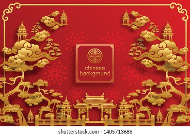 Chinese oriental background and  asian elements with gold patterned template on red paper color for greetings card,invitation,posters,banners,calendar 