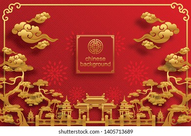 Chinese oriental background and  asian elements with gold patterned template on red paper color for greetings card,invitation,posters,banners,calendar 