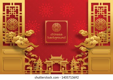Chinese oriental background and asian elements with gold patterned template on red paper color for greetings card,invitation,posters,banners,calendar
