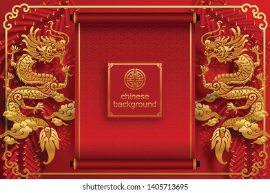 Chinese oriental background and asian elements with gold patterned template on red paper color for greetings card,invitation,posters,banners,calendar