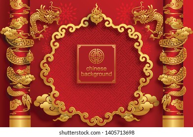 Chinese oriental background and asian elements with gold patterned template on red paper color for greetings card,invitation,posters,banners,calendar