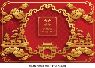 Chinese oriental background and  asian elements with gold patterned template on red paper color for greetings card,invitation,posters,banners,calendar 