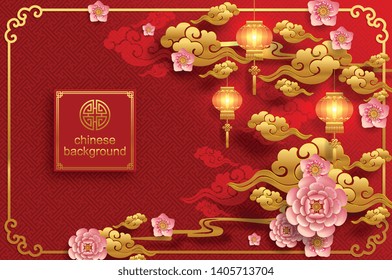 Chinese oriental background and asian elements with gold patterned template on red paper color for greetings card,invitation,posters,banners,calendar