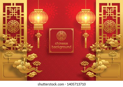 Chinese oriental background and  asian elements with gold patterned template on red paper color for greetings card,invitation,posters,banners,calendar 